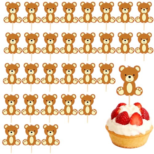 Baby Shower Cupcake Toppers, Teddy Bear Cake Toppers, Baby Cake Decorations-HSC 30pcs Bear Cupcake Toppers Photo Booth Props Table Decoration Supplies for Birthday,Bear Theme Birthday