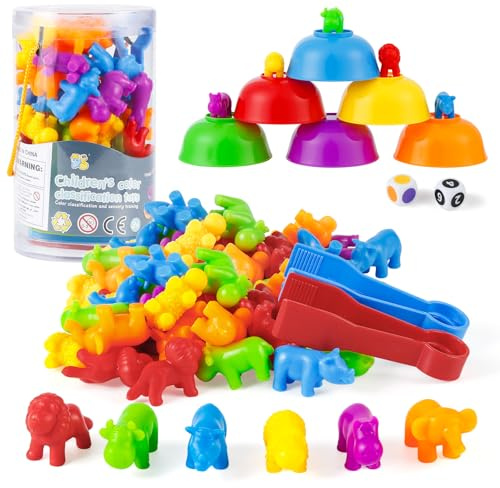 Euakee 36 Piezas Montessori Juguetes de Educativos, Animales Contando Juguetes de Reconocimiento de Color con Cuenco y Dados y Pinzas, para Niños 3 4 5 6 Años