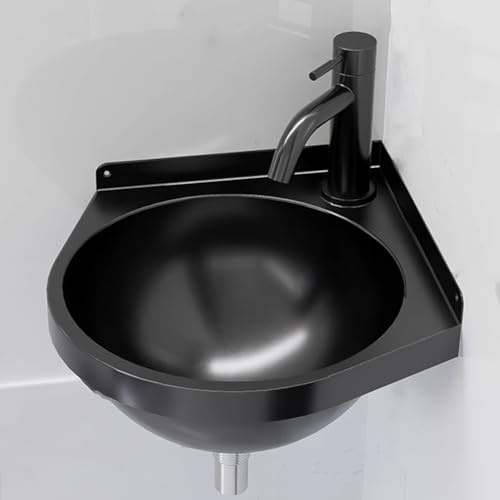 HEFJIAYCIQ Lavabo D'angle En Acier Inoxydable Pour Salle De Bain, Lavabo Triangulaire Mural Avec Robinet Et Kit De Vidange, Pour Garage, Buanderie, Restaurant, Cuisine,Black 1,21x21x15cm