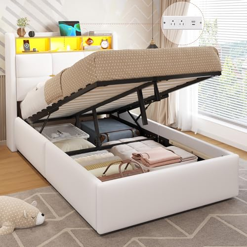 DICTAC Single Ottoman Bed with Led Lights and Charging Station 3ft Upholstered Ottoman Lift Up Storage Bed with Headboard 90x190 Hydraulic Platform Storage bed with Solid Wood Slats,White(No Mattress)