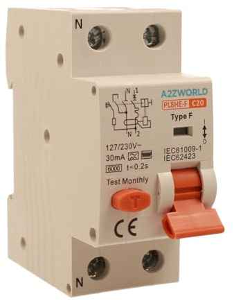 Interruptor diferencial magnetotérmico tipo F 20A C20, RCBO Tipo F Curva C 6kA 30mA, 1P + N 2 módulos DIN, para bombas de calor, climatizadores, lavadoras, motores controlados por Inverter