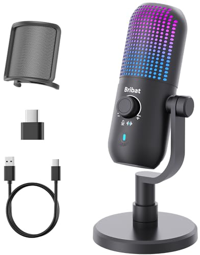 BRIBAT USB Condenser Microphone for PC Gaming,RGB Cardioid Desktop Mic | Plug&play USB cardioid desktop mic, RGB, mute, noise cancel. For gaming/streaming/podcasts/Twitch/YouTube/PC/laptop recording