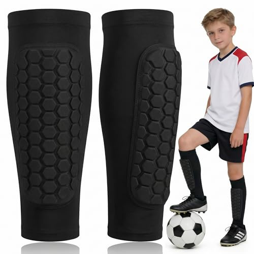 Schienbeinschoner Kinder Fußball, Atmungsaktive Schienbeinschützer mit Wabenstruktur & Rutschfestem Silikon, Elastische Beinschützer Leicht & Schnelltrocknend für Jungen und Mädchen, Schwarz (S)