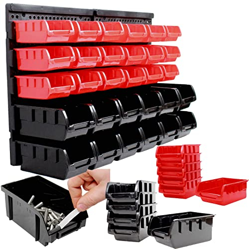 TRUTZHOLM Stapelboxen mit Wandregal 32 tlg Kleinteilemagazin Schüttenregal Sortimentskasten Steckregal Sortierboxen Schütten mit Etikettenfach (rot)