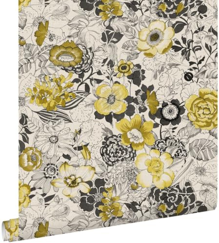 papier peint fleurs jaune ocre et beige 53 cm x 10.05 m - ESTAhome