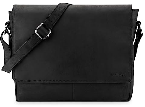 LEABAGS Leder Umhängetasche Herren & Damen I Echtleder Laptoptasche bis 14 Zoll I Messenger Bag mit Schultergurt I Schultertasche I Arbeitstasche I Tragetasche I Handtasche I Nature Schwarz