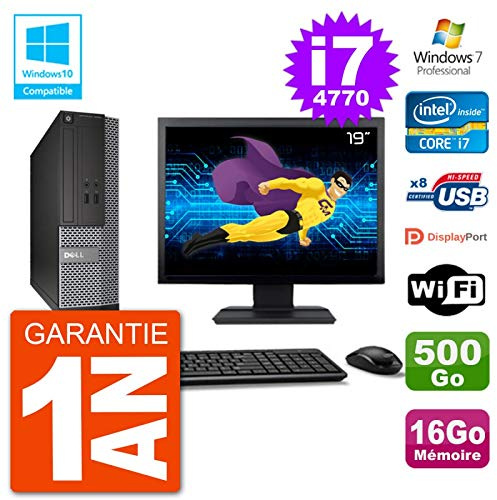 Dell PC 3020 SFF Ecran 19 Intel i7-4770 RAM 16Go Disque 500Go Graveur DVD WiFi W7