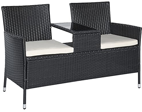 Outsunny Gartenbank Polyrattan 2-Sitzer UV-beständig Sitzbank mit Tisch Kissen Rückenlehne Gartenmöbel Parkbank bis 240kg belastbar Balkonbank für Garten Terrasse Balkon 133x63x84cm, Schwarz