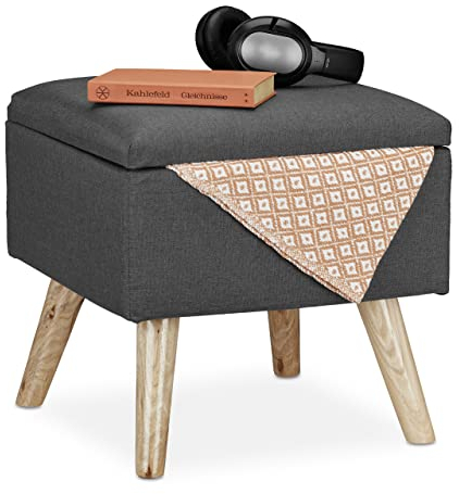 Relaxdays Hocker mit Stauraum, Kunstleinen-Bezug, gepolstert, Holzbeine, Fußhocker mit Deckel, HBT 40x40x40 cm, grau