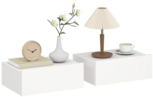 HOMCOM Set 2 Comodini Sospesi per Camera, Comodini Moderni con Fissaggio a Parete, in Legno Bianco, 40x30x15cm