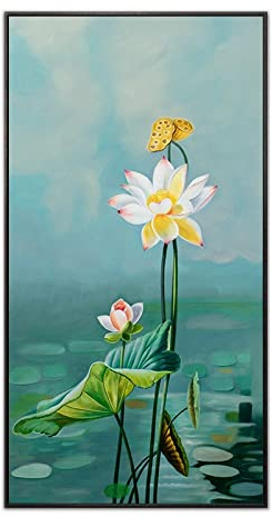AERK Ölbilder Auf Leinwand Handgemalt,Original Extra Große Wandkunst Orientalische Natur Lotusblumenmuster Grün Rahmenlose Coole Gemälde Handgemalte Strukturierte Kunstwerke Wohnkultur Für Wohn