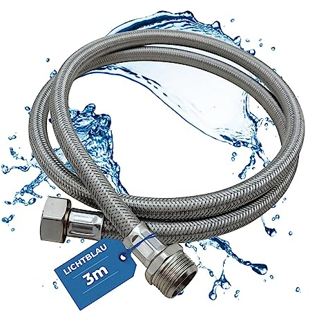 Lichtblau Alargador Aquastop de acero inoxidable resistente a dobleces, 3,0 m, conector de 3/4 pulgadas, lavadora lavavajillas, manguera blindada recta/recta, incluye junta, uso universal