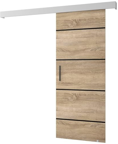 MEBLE KRYSPOL Schiebetürsystem Salwador 4 Komplett-Set für Schiebetüren, Trennwände Innentüren, Modern Design (Sonoma Eiche/Gitter: weiß matt/Griff und Streife: schwarz) | 90 cm x 204 cm