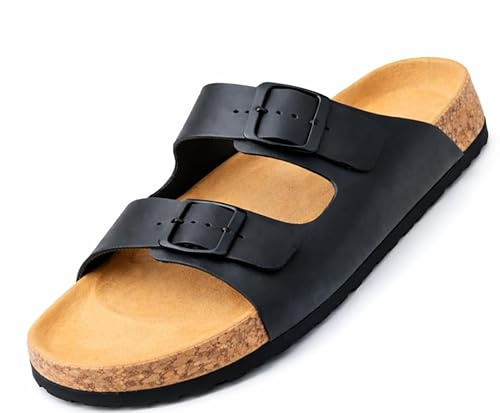 GONKOS®, lädersandaler med spännen, äkta läder, naturlig kork, justerbara fotspännen, sandaler för män/kvinnor, kvalitetssandaler tillverkade i Spanien, färg svart storlek 46