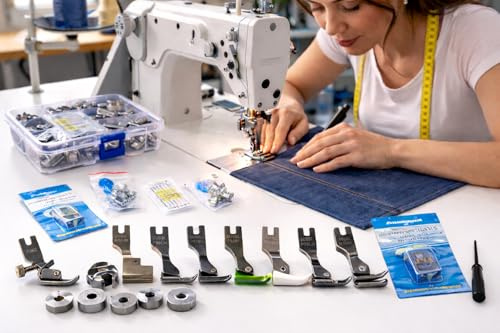 Kit de prénsatelas para máquina de Coser Industrial, compatibles con máquinas Planas de 1 Aguja, 10 prénsatelas más Accesorios, duraderos y Caja organizadora.