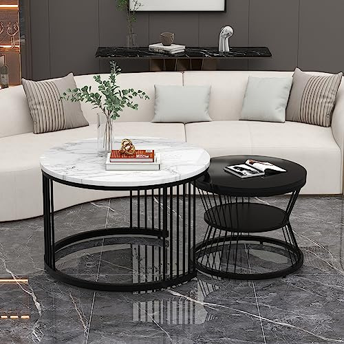 BTM Table Basse Ronde, Set de 2, Table d'appoint pour Chambre à Coucher Balcon, Tables gigognes pour Salon,Table Basse Ronde, Table d'appoint pour Chambre à Coucher Balcon, Noir&Blanc