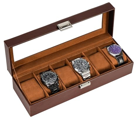 ProCase Uhrenbox mit 6 Fächern, Uhrenkasten mit Glasdeckel, Uhrenkoffer mit Uhrenkissen, Uhrenaufbewahrung, Premium-Uhrenschatulle, PU-Leder Uhrenkasten, Watch Box für Herren - 6 Fächer, Braun