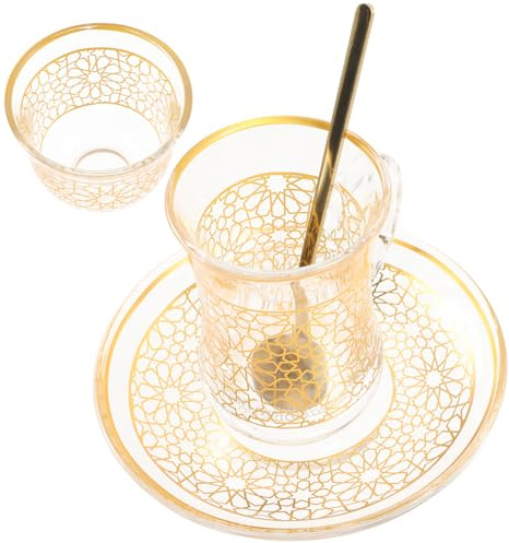 Angoily Decorative Glass Coffee Cup and Saucer Set 4oz Compact Size for Serving Espresso Latte and Hot Drinks
