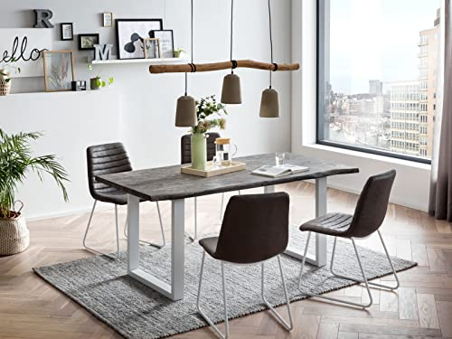 Woodkings Tischgruppe Milton, Esstisch 170x90 mit 4 Stühlen, Holztisch grau mit Baumkante, Esszimmerstuhl Milton Kufenstuhl Stoff in Wildlederoptik grau, Metall weiß, Esszimmer Möbel