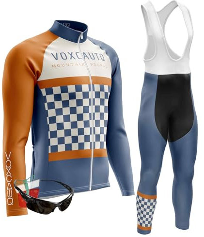 VOXCAUTQ Herren Langarm Fahrrad Trikot Set,Rennrad Trikot Herren Set,Langärmliges Fahrradtrikot Hose + Polarisiert Fahrradbrille (TypA-7,5XL)
