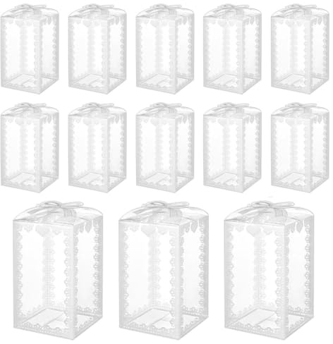 BENECREAT 60 cajas de regalo transparentes de 12 x 7 x 7 cm, cajas de regalo de PVC con lazo blanco para chocolate de caramelo, recuerdos de fiesta de boda, embalaje de regalo para festival del día de