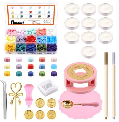 Rustark 474 Stück WachsSiegel Stempel Kit 15 Farben Siegelwachs Perlen, Metall Stempel, Wachssiegelwärmer, Schmelzlöffel, Teelicht Kerzen Wax Seal Stamp Kit