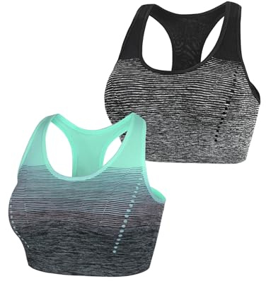Sykooria Dam sport-BH vadderad bustier, dambehå utan bygel, racerback, push-up bh med färggradient, sporttopp för yoga, fitness, Svart + grön, XL