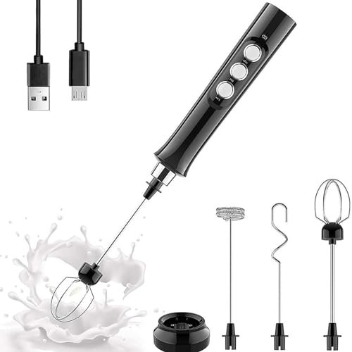 Mousseur à Lait Portatif, MéLangeur De Boissons éLectrique à 3 Vitesses, Mousseur à Café Rechargeable Par Usb Avec 3 TêTes, Pour Cappuccino, Frappe, Matcha, Chocolat Chaud, œUf,Black