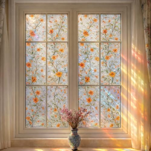 sanderala Stained Glass Window Film Double-Side Decals Glass Decals Colorful Floral Static Clings Non Adhesive Privacy Protection Rainbow Decals Sun Blocking Ant UV 17.7 x 39.3