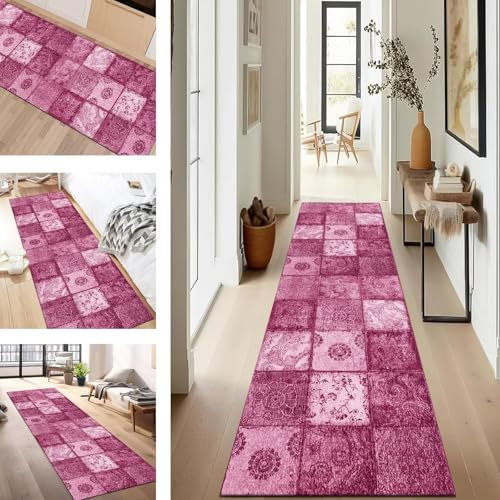 SUCERU Teppich Läufer Flur Diele Küche rutschfest Waschbar Dauerhaft 50X150CM Hellrosa Boho Teppichläufer für Wohnzimmer Korridor Schlafzimmer Büro Esszimmer Flurläufer Anpassbar Meterware