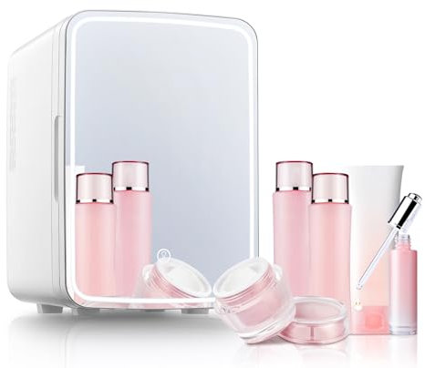 NORTHCLAN Mini Fridge for Bedrooms 10L, Skincare Beauty Fridge with LED Mirror, Quite Mode, Portable, 220V AC/12V DC, Cosmetic, Office, Home or Car, White