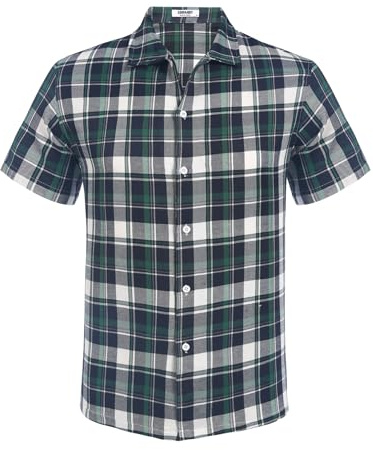 COOFANDY Chemisette Homme Manche Courte Chemise à Carreaux Chemise Été Coton Chemise Travail Blanc & Bleu Marine S