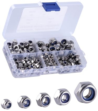 TIOMIOSEA Sicherungsmuttern Sortiment 220 Stück, 304 Edelstahl Nylon-Einsatz Sechskant-Sicherungsmuttern, M3 M4 M5 M6 M8 M10 M12 Nyloneinsatz Kontermutter, DIN 985 mit Box