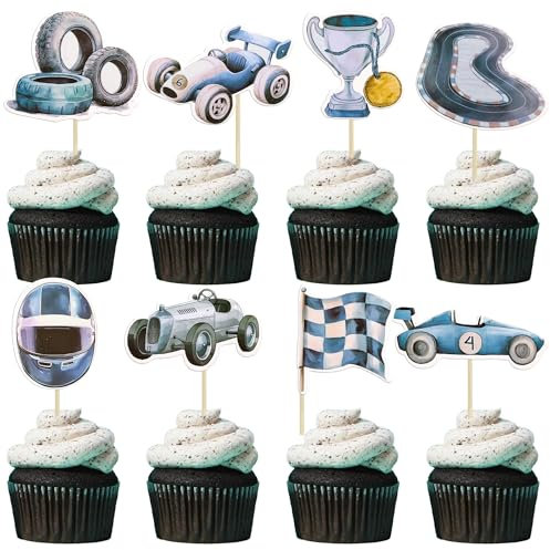 Gyufise 36Pcs Race Car Cupcake Toppers Racing Car Party Cake Decorations for Race Car theme Baby Shower Birthday Party Decoration Supplies Blue