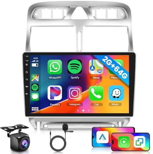 2GB 64GB Android Autoradio per Peugeot 307 307CC 307SW 2002-2013 Radio con Wireless Carplay Android Auto, Hodozzy Stereo 9 Pollici Touch Screen, GPS WiFi, Bluetooth FM/RDS,EQ, 2 Din Radio per Peugeot