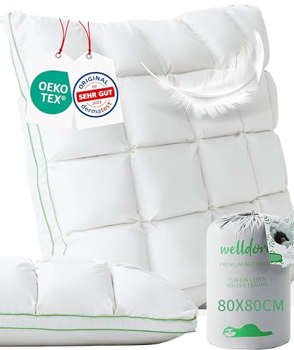 Welldora Premium Kopfkissen 40x40, 100% Daunenfasern & Federn, mittelfest | Puffwolken-Design für höchsten Komfort | Seiten- & Rückenschläfer | Oeko-Tex | Dermatest Sehr gut | Schweizer Marke