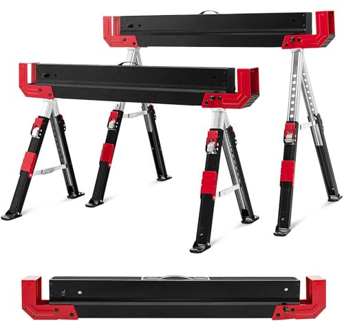 SOARS Set di 2 cavalletti, cavalletto, pieghevole, in metallo, carico massimo 1180 kg, altezza regolabile, superficie di lavoro antiscivolo, supporti pieghevoli e maniglia di trasporto (nero+rosso)