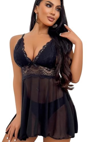 OXDOHUE Lingerie Femme Babydoll en Dentelle Bretelles Nuisette Halter Teddy Col en V Vêtements de Nuit - Noir/XXL
