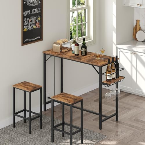 MAHANCRIS Bar Table, 35.4-Inch Counter Height Pub Table with Charging Station, Rectangular Dining Table with Wine Rack and Glass Holder, High Top Cocktail Tables, for Kitchen (Only Table)