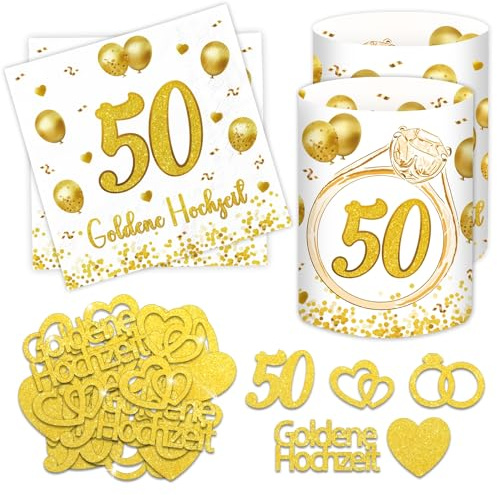 20 Stück Servietten Goldene Hochzeit + 12 Windlicht Tischdeko + 60 Glitzer Konfetti, 50 Hochzeitstag Deko, Geschenke Goldene Hochzeit Eltern, Deko Goldhochzeit Tisch