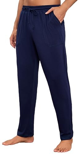 Litherday Pantalón de Pijama Hombre Largo de Algodón Suave y Cómodo Pantalones de Casa con Bolsillos y Cordón para Dormir Primavera Otoño Ropa de Estar en Casa, Azul Oscuro, M