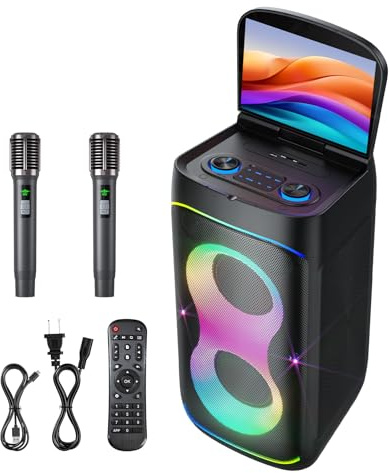 Smart Karaoke Machine with 10.1 Inch Screen, with Lyrics Display, Build-in Karaoke APP, 300W Powerful Speaker, 2 Wireless Microphones, for Family or Friend Party (X1)