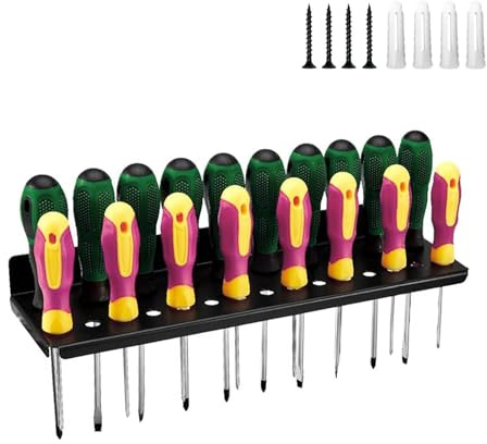 PARFCO Wall Mount Tool Storage Rack, 25 Holes Metal Screwdriver Spanner Organiser, Heavy Duty Wall Mount Tool Rack, Black Screwdriver Holder, for Garages, Workshops, Workbenches