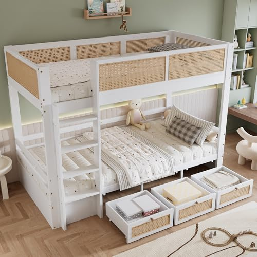 LAKFEW Litera Infantil 90x200 cm con Barandilla Anticaída, Cama Infantil con 3 Cajones y Escalera, Camas Infantiles, Cama Litera, Literas Infantiles de Madera, Blanco+Color Natural, Sin Colchon