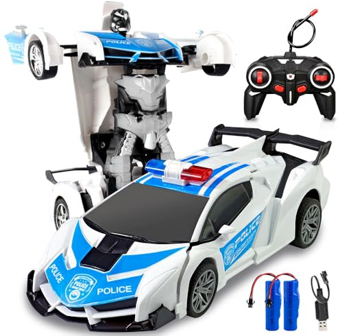 PLLYPE Polizia Macchina Telecomandata Transform Giocattoli, 1:18 Auto Robot RC, 360° Rotazione, Auto Robot Trasformabile con 2.4GHz Telecomando, per Regalo