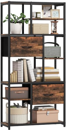 HOMCOM Bücherregal mit 2 Stoffschubladen 72,5x30x150 cm Rustikal-Braun | 9 Offene Fächer, Industriell Küchenregal mit Stahlrahmen, Aufbewahrungsregal Standregal, für Büro, Wohnzimmer, Schlafzimmer