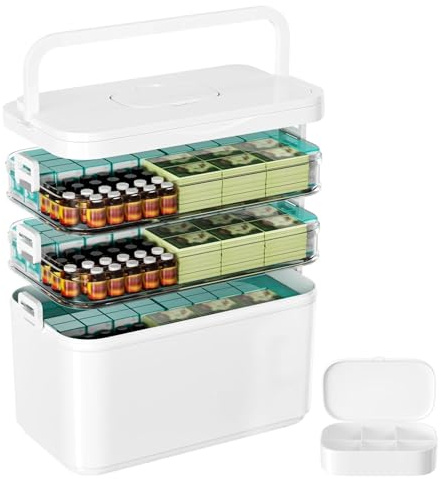 Crynvor 3-Stöckige Medikamentenbox, Medikamenten Aufbewahrung mit Griff und Entfernbaren Fächern, Medizinbox Multifunktions, Hausapotheke Box, Arzneimittel Box für Familie, Büro, Schule und Reise
