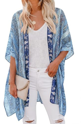 PRETTYGARDEN Summer Kimonos for Women Boho Floral Short Sleeve Kimono Cardigans Swimsuit Beach Cover Ups for Women Swimwear (Blue Floral, Large)