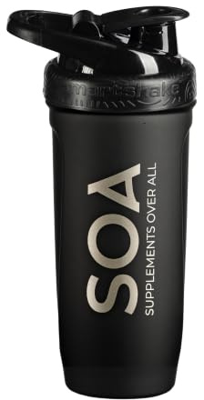 SOA – Edelstahl Shaker 700 ml – Protein Shaker für Sportlerinnen & Sportler – 100% auslaufsicher – Robust, langlebig & geruchsneutral – Mit Messskala, Mix-Einsatz & Frucht-Einsatz (Black/Metallic)