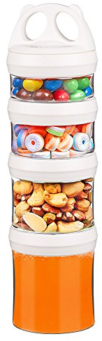 BeneLabel Snack Box, Stackable Snack Pot 4 Compartments 31oz/917ml Portable Food Container Storage Jar Nuts Candy Formula Dispenser with Lid for Travel, BPA Free & Leak-proof, White